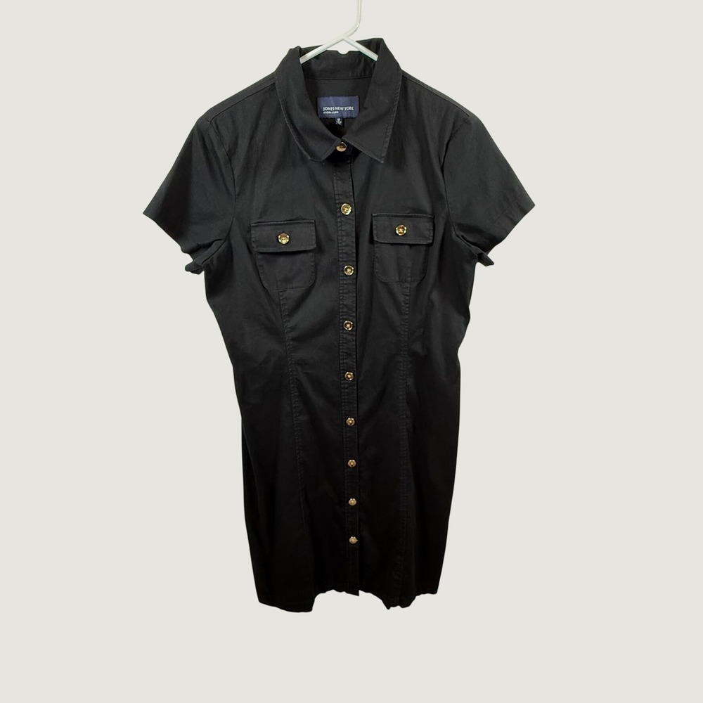 Jones New York Signature Black Corduroy Short Sleeve Shirt Dress Gold Buttons 10
